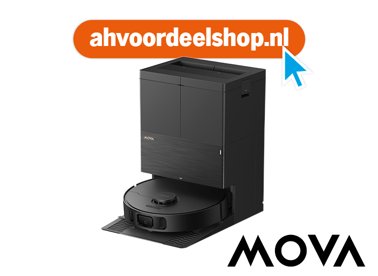 Robotstofzuiger MOVA met laad- en reinigingsstation, met bovenin beeld de tekst "ahvoordeelshop.nl".