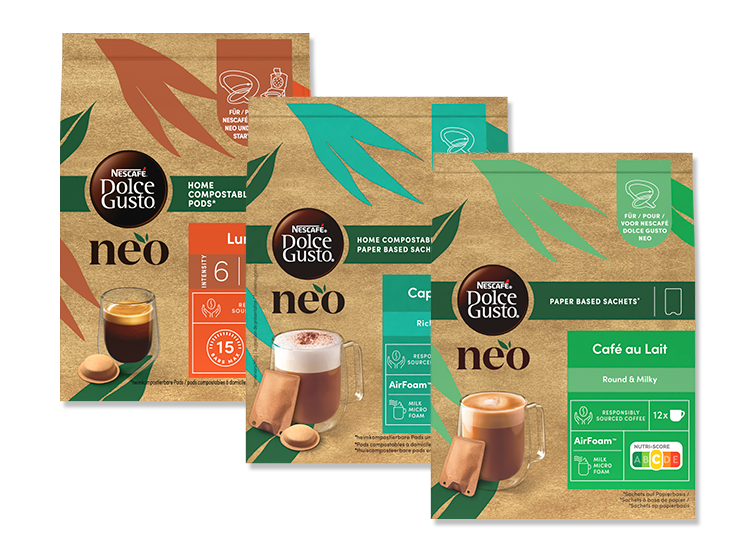 Nescafé Dolce Gusto Neo koffiepads verpakkingen in verschillende smaken, waaronder Lungo, Cappuccino en Café au Lait