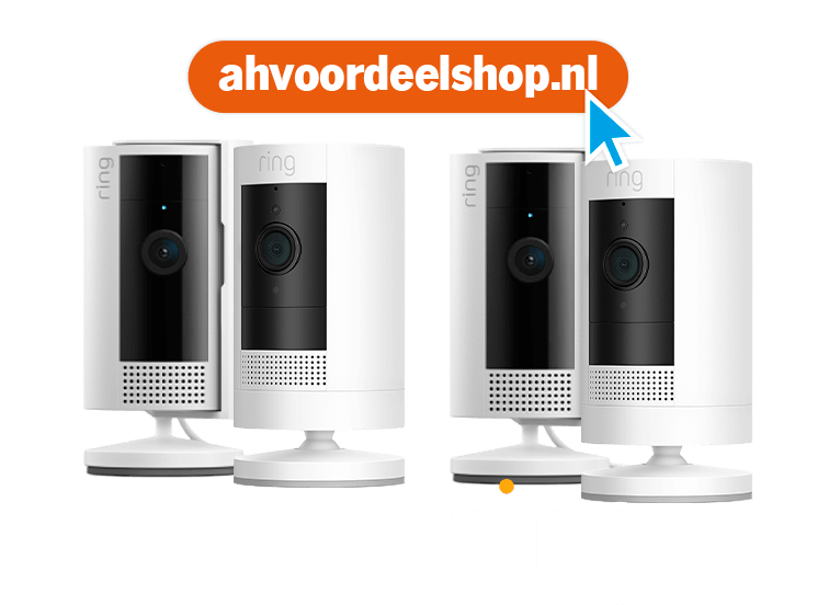 Ring beveiligingscamera's in witte uitvoering met het logo van ring en een oranje banner met de tekst ahvoordeelshop.nl