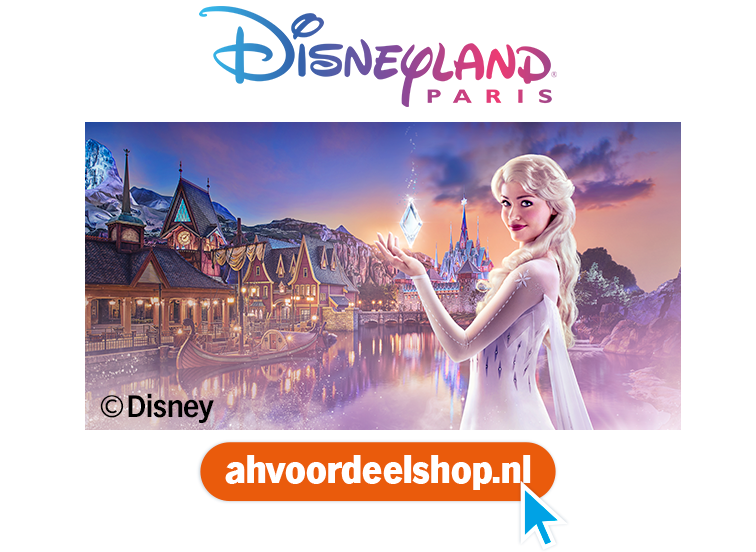 Afbeelding van Disneyland Paris met Elsa uit Disney's Frozen en het Arendelle decor, met een copyrightvermelding van Disney en een knop naar ahvoordeelshop.nl.