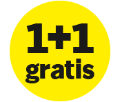 1+1 gratis actie icoon op een gele cirkel