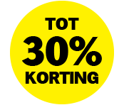 Gele cirkel met de tekst "tot 30% korting"
