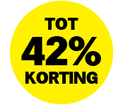 Promotiebadge met tekst 'Tot 42% korting' op een gele achtergrond