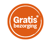 Oranje ronde sticker met witte tekst "Gratis bezorging"