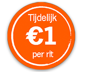 Oranje sticker met tekst: "Tijdelijk €1 per rit"
