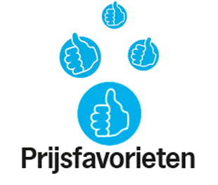 Blauw pictogram met vier duimen omhoog en de tekst "Prijsfavorieten"