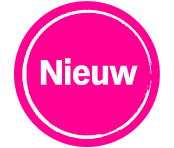 Rond roze label met witte tekst "Nieuw"