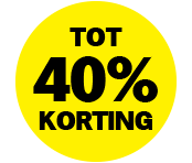 Gele sticker met de tekst "Tot 40% korting"