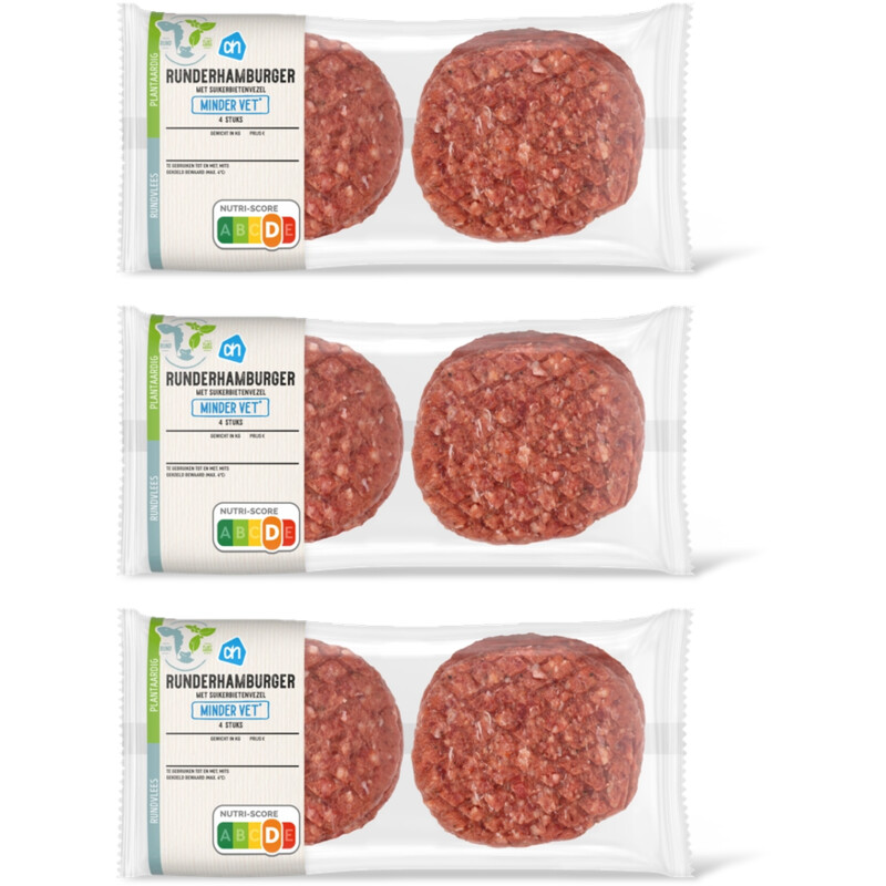 AH Runderhamburger minder vet 4 stuks 3-pck