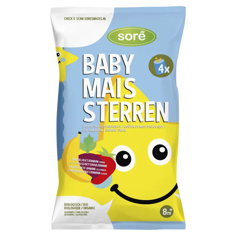 Soré Baby Mais Sterren Biologisch Tussendoortje Aardbei/Biet/Banaan Smaak 8m+