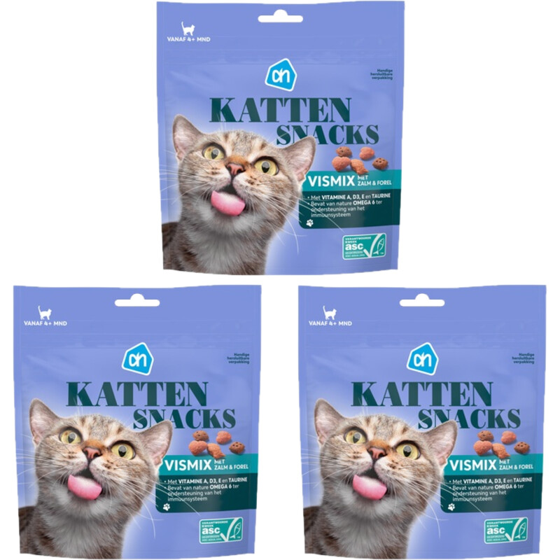 Een afbeelding van AH Kattensnacks vismix zalm en forel 3-pack