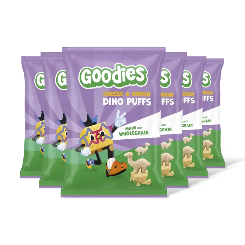Snack dino puffs cheese/onion 3+ jr 6pk
