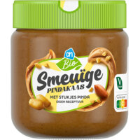Een afbeelding van AH Biologisch Smeuïge pindakaas met stukjes pinda