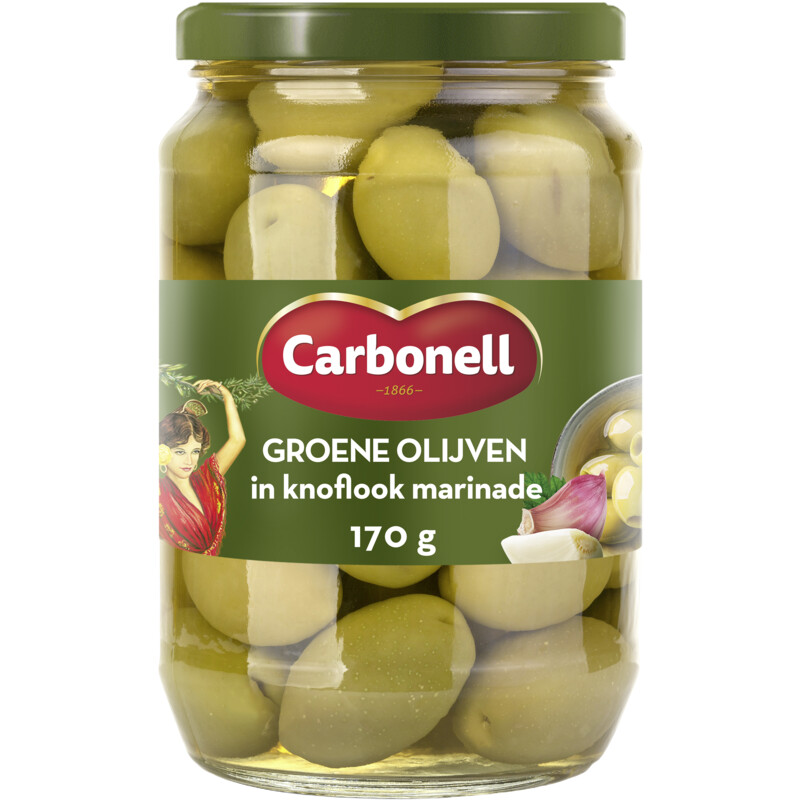 Een afbeelding van Carbonell Groene olijven in knoflook marinade.