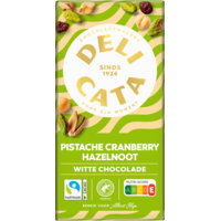 Een afbeelding van Delicata Reep witte chocolade pistache cranberry