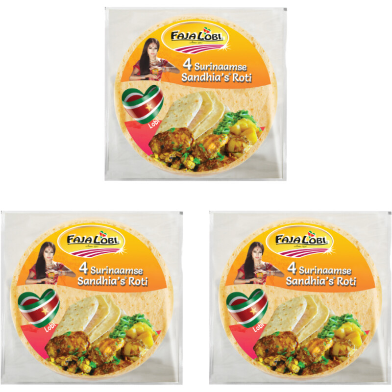 Een afbeelding van Faja Lobi Surinaamse sandhia's roti 3-pack