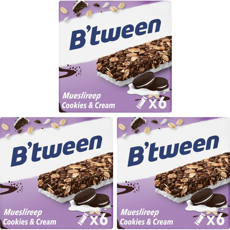 Een afbeelding van Hero B'tween mueslireep cookies&cream 3-pack