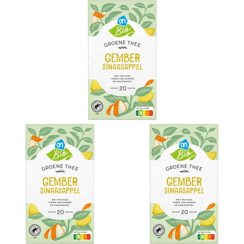 Een afbeelding van AH Biologisch Groene thee gember sinaasappel 3-pack