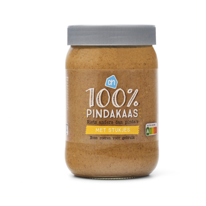 Een afbeelding van AH 100% Pindakaas met stukjes pinda