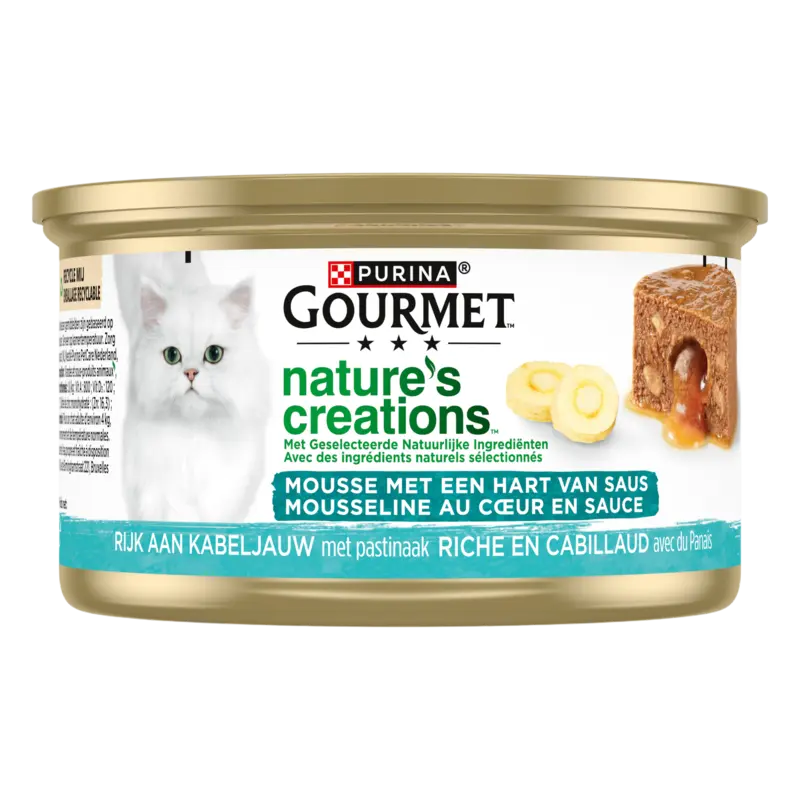 PURINA® Gourmet® Nature's Creations Mousse met een Hart van Saus, Rijk aan Kabeljauw Kattenvoer 85g
