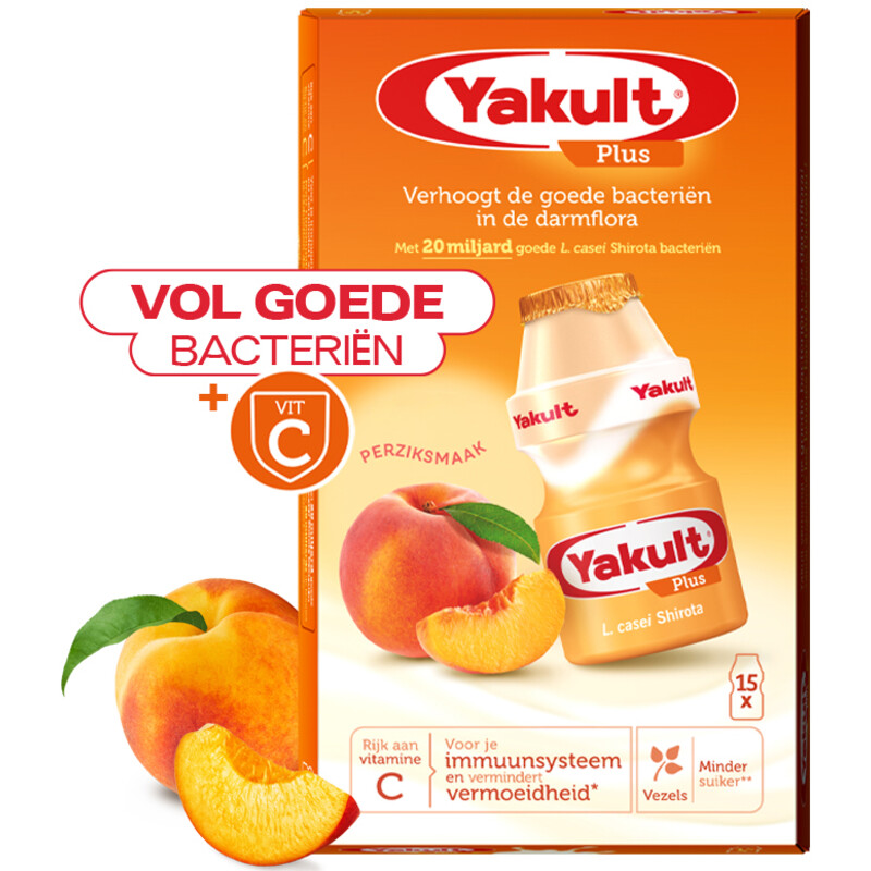 Een afbeelding van Yakult Plus perziksmaak 15-pack