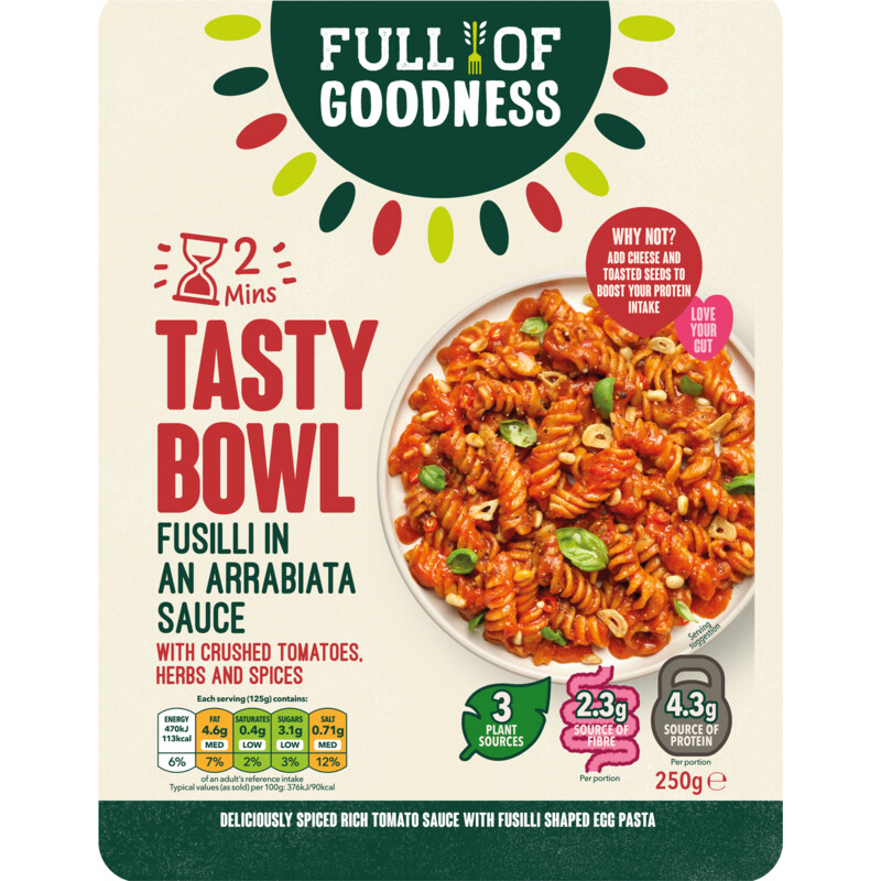 Een afbeelding van Full of Goodness Tasty bowl fusilli in an arrabiata sauce