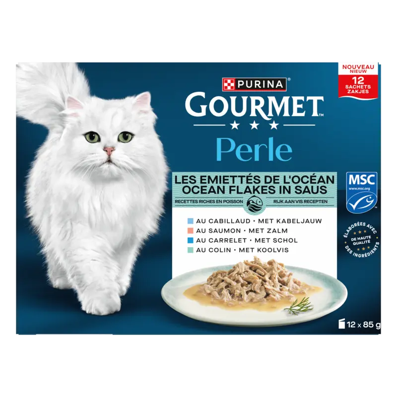 Perle Ocean Flakes in Saus met Zalm, Kabeljauw, Koolvis, Schol, Kattenvoer