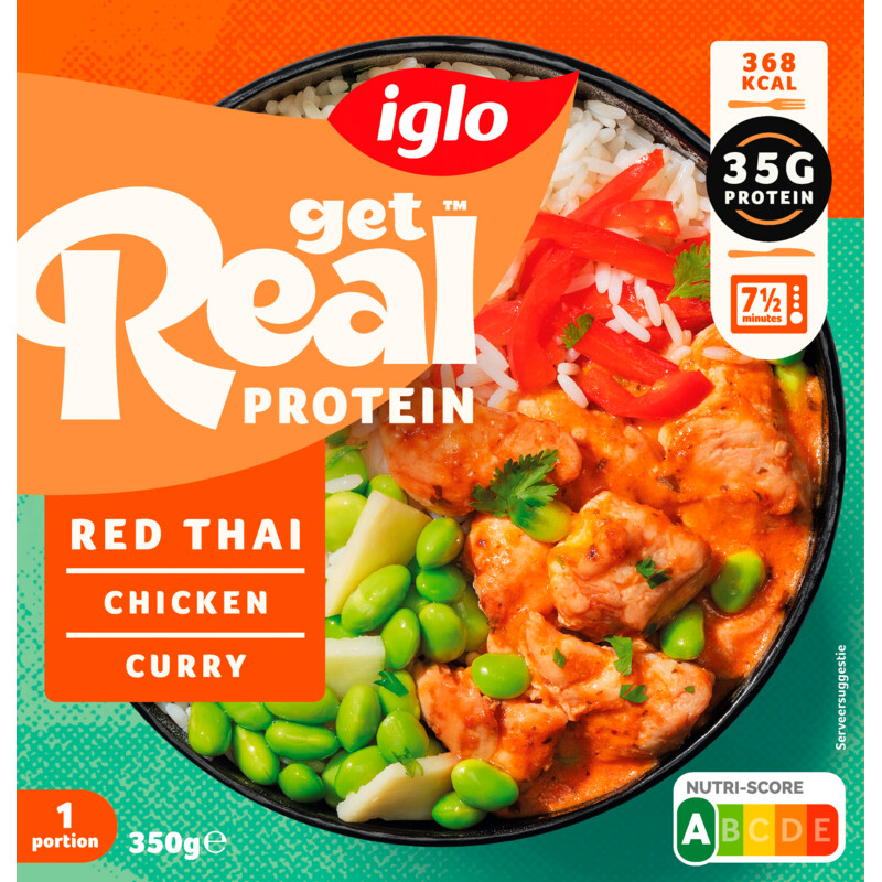 Een afbeelding van Iglo Get real protein red Thai chicken curry