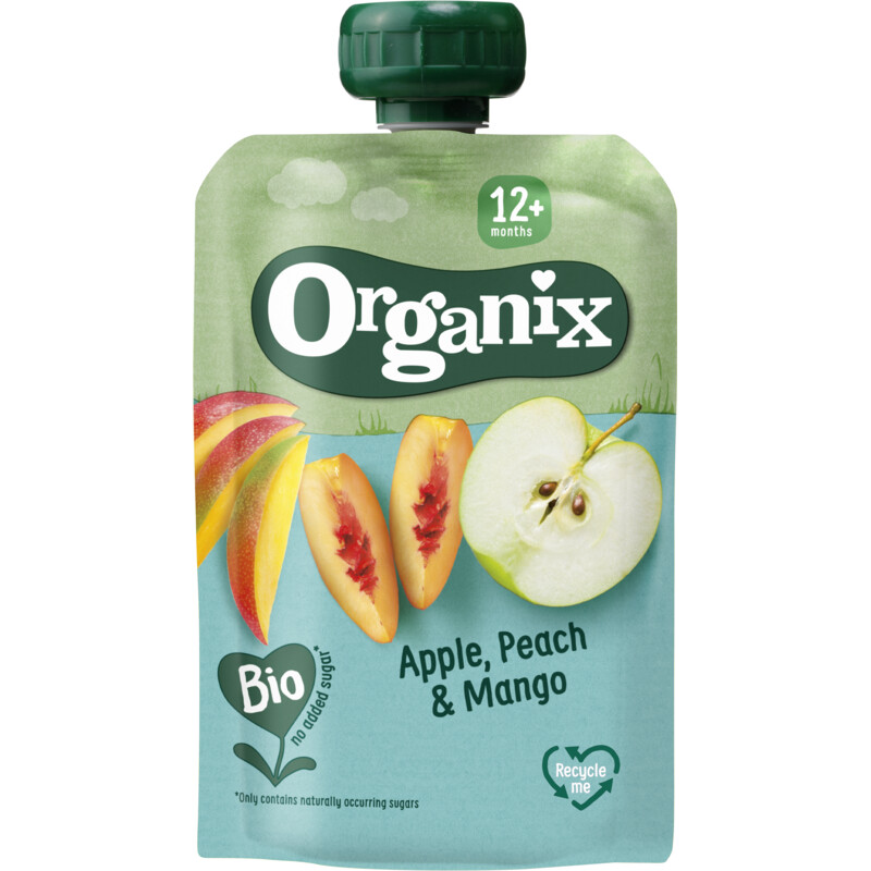 Een afbeelding van Organix Knijpfruit appel, perzik & mango 12m+