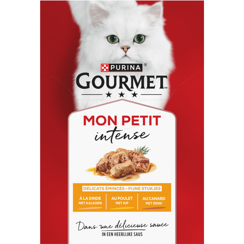 PURINA® Gourmet® Mon Petit Intense Fijne stukjes met Kalkoen, met Kip, met Eend 6x50g natvoer