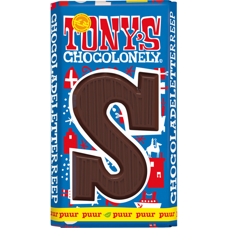 Een afbeelding van Tony's Chocolonely Pure chocoladeletter reep S 51%