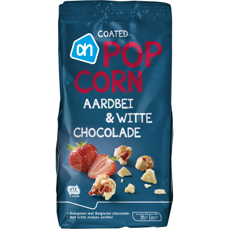 Een afbeelding van AH Coated popcorn aardbei & witte chocolade