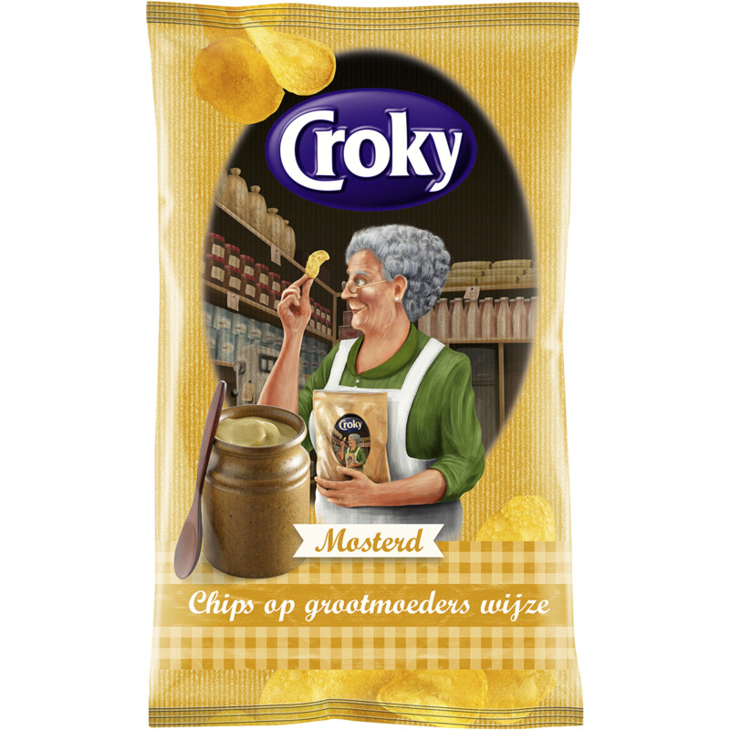 Een afbeelding van Croky Chips op grootmoeders wijze mosterd