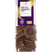 Een afbeelding van AH Excellent Pretzel kransjes goud melkchocolade