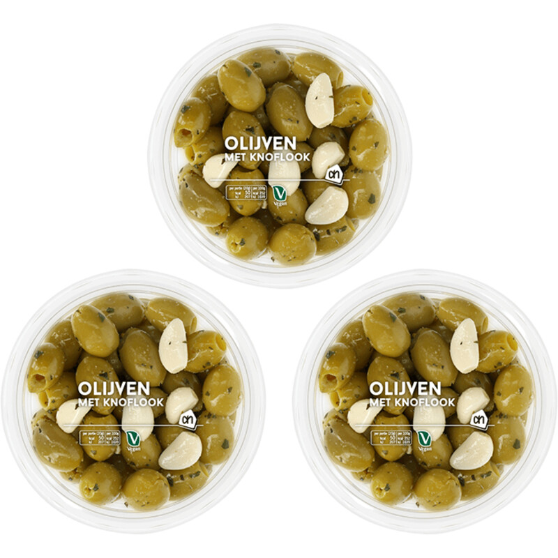 Een afbeelding van AH Groene olijven met knoflook 3-pack