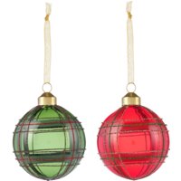 Afbeelding van Decoris Glazen bal tartan ruit rood en groen