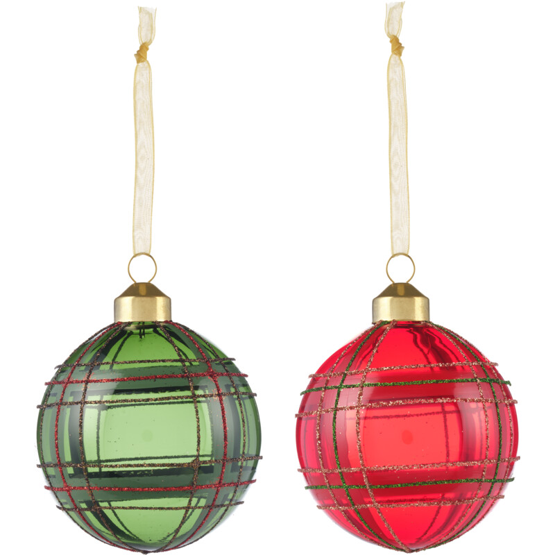Een afbeelding van Decoris Glazen bal tartan ruit rood en groen