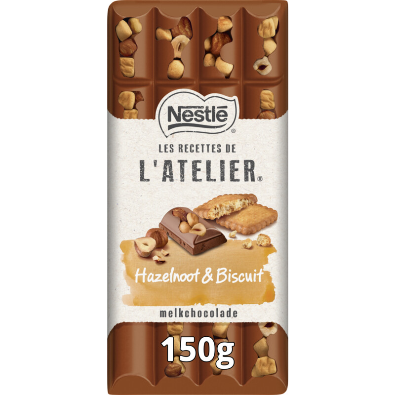 Een afbeelding van L'Atelier Melkchocoladereep hazelnoot & biscuit