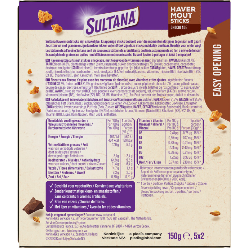 Een afbeelding van Sultana Havermoutsticks chocolade
