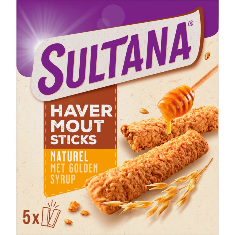 Een afbeelding van Sultana Havermoutsticks naturel met golden syrup