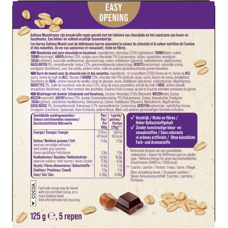Een afbeelding van Sultana Mueslireep chocolade & hazelnoot