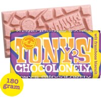 Een afbeelding van Tony's Chocolonely Wit framboos biscuit discodip