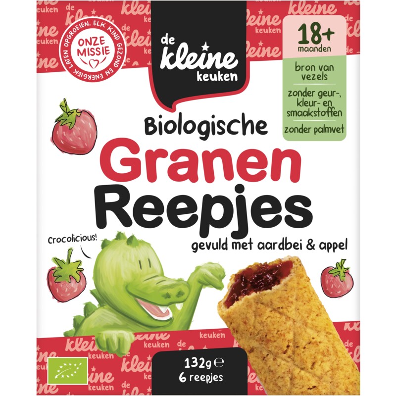 Een afbeelding van De Kleine Keuken Biologische granenreepjes aardbei 18m+