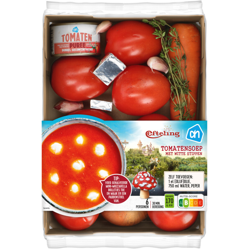 Een afbeelding van AH Tomatensoep met witte stippen verspakket