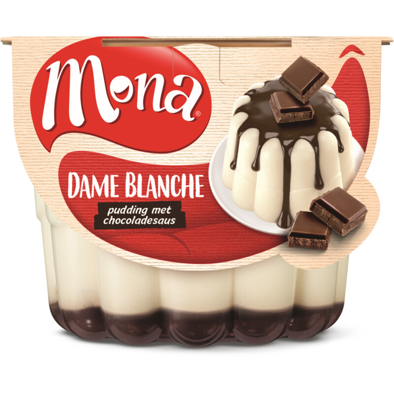 Een afbeelding van Mona Dame blanche pudding met chocoladesaus