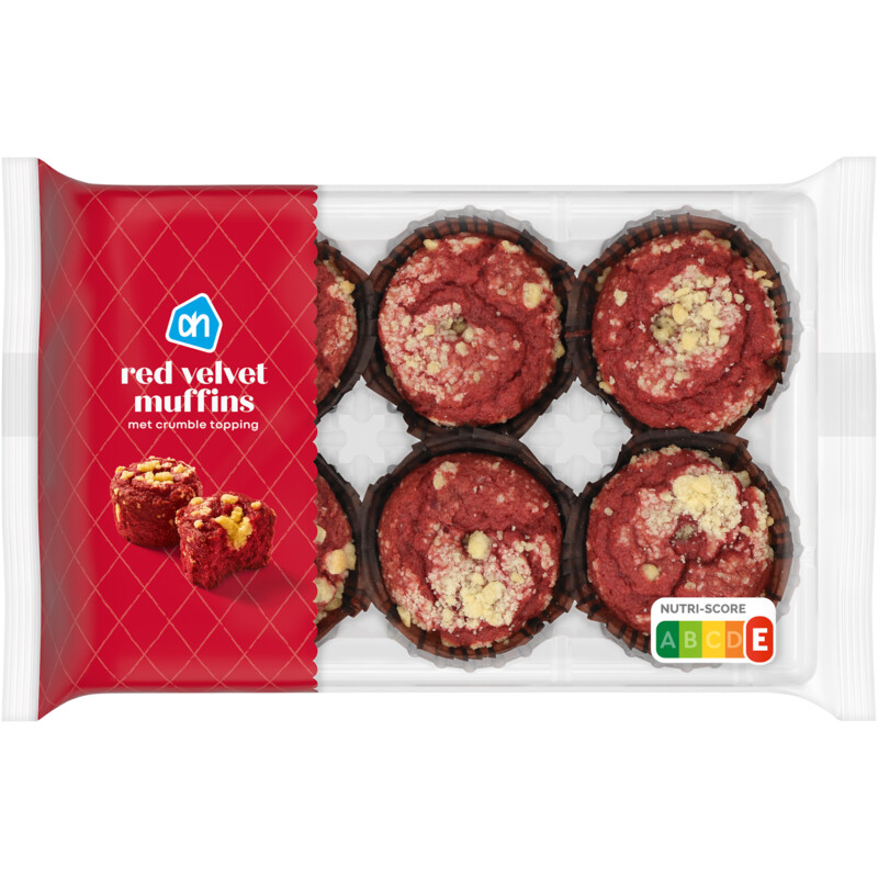Een afbeelding van AH Red velvet muffin met crumble topping
