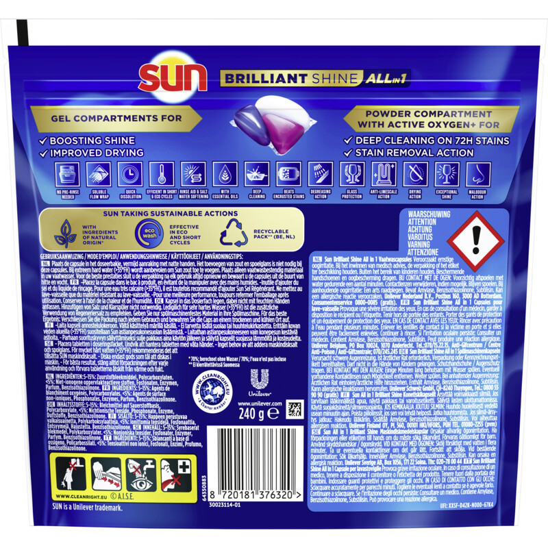 Een afbeelding van Sun Brilliant shine all-in-1 vaatwascapsules