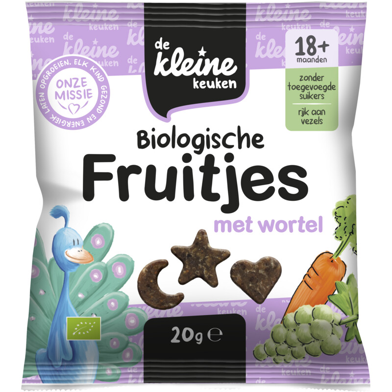 Een afbeelding van De Kleine Keuken Biologische fruitjes met wortel 18m+