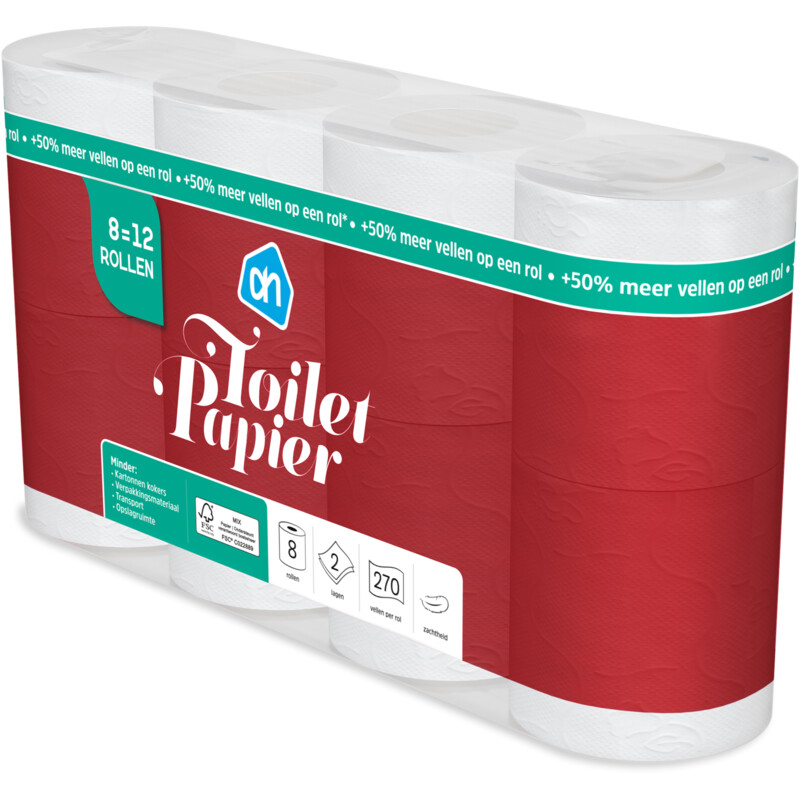 Een afbeelding van AH Toiletpapier 2-laags 8=12 rollen