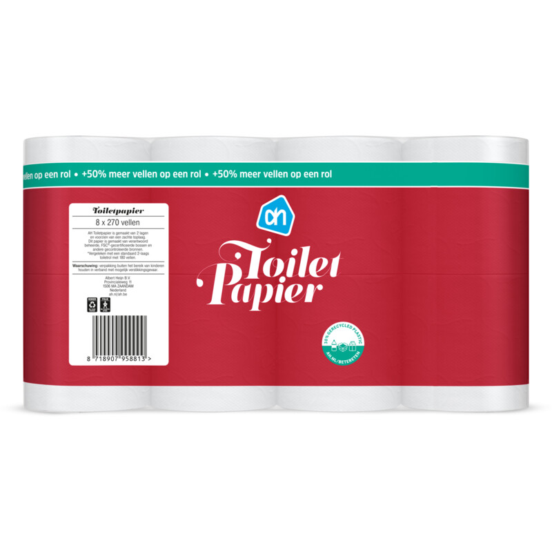 Een afbeelding van AH Toiletpapier 2-laags 8=12 rollen